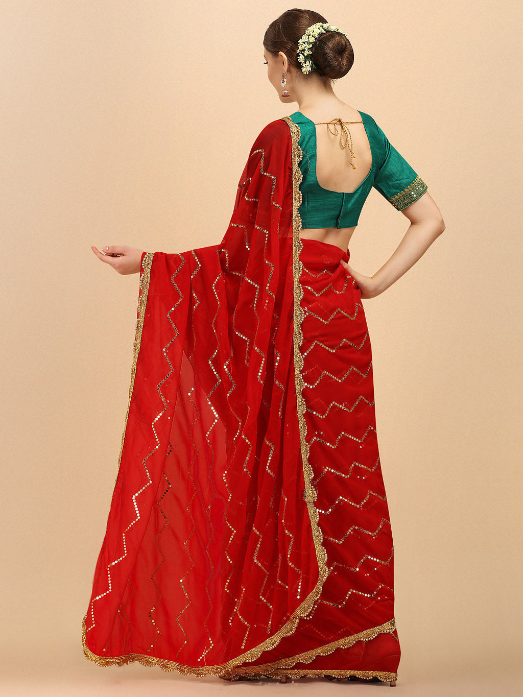 Sangria Red Embellished Sequinned Pure Georgette Saree | Grocsy