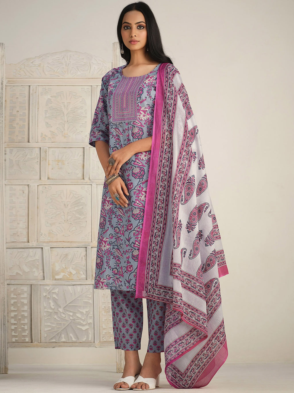 Sangria Floral Printed Gotta Patti Kurta With Trouser & Dupatta | Grocsy