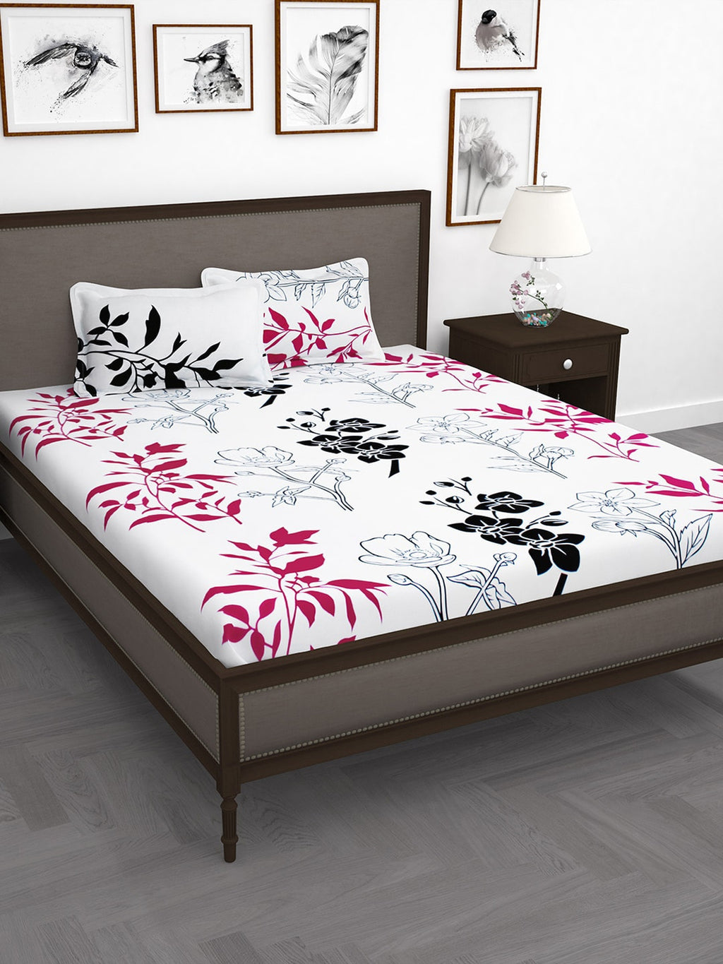 Story@home White & Pink Floral King Bedsheet with 2 Pillow Covers | Grocsy
