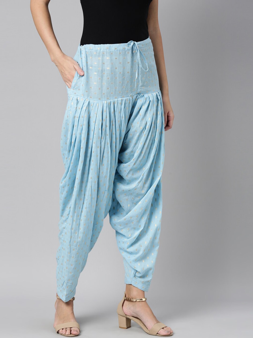 Souchii Blue & Gold-Coloured Woven Design Pure Cotton Patiala | Grocsy