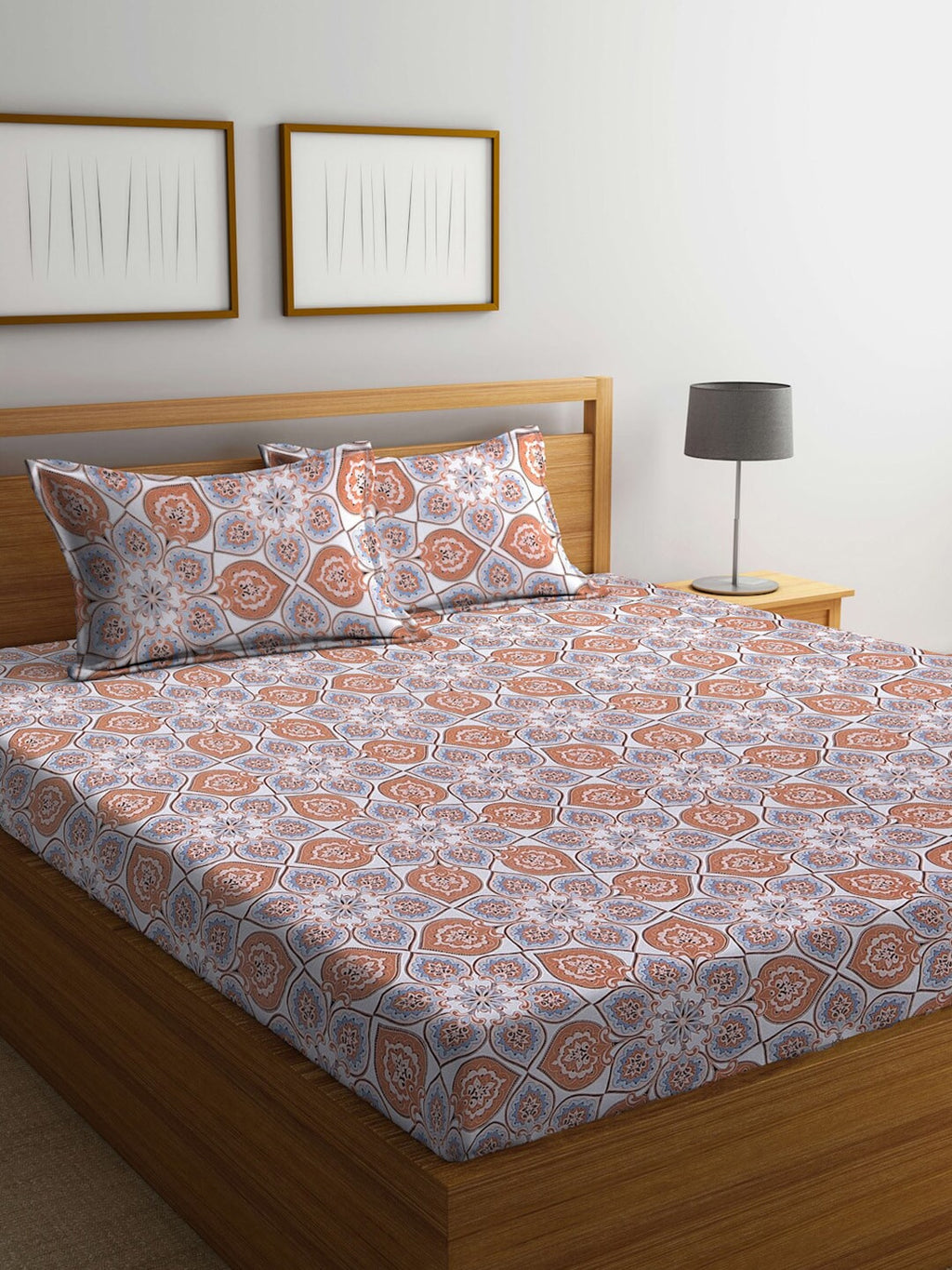 BOMBAY DYEING Brown & White Ethnic Motifs Cotton 104 TC King Bedsheet with 2 Pillow Covers | Grocsy