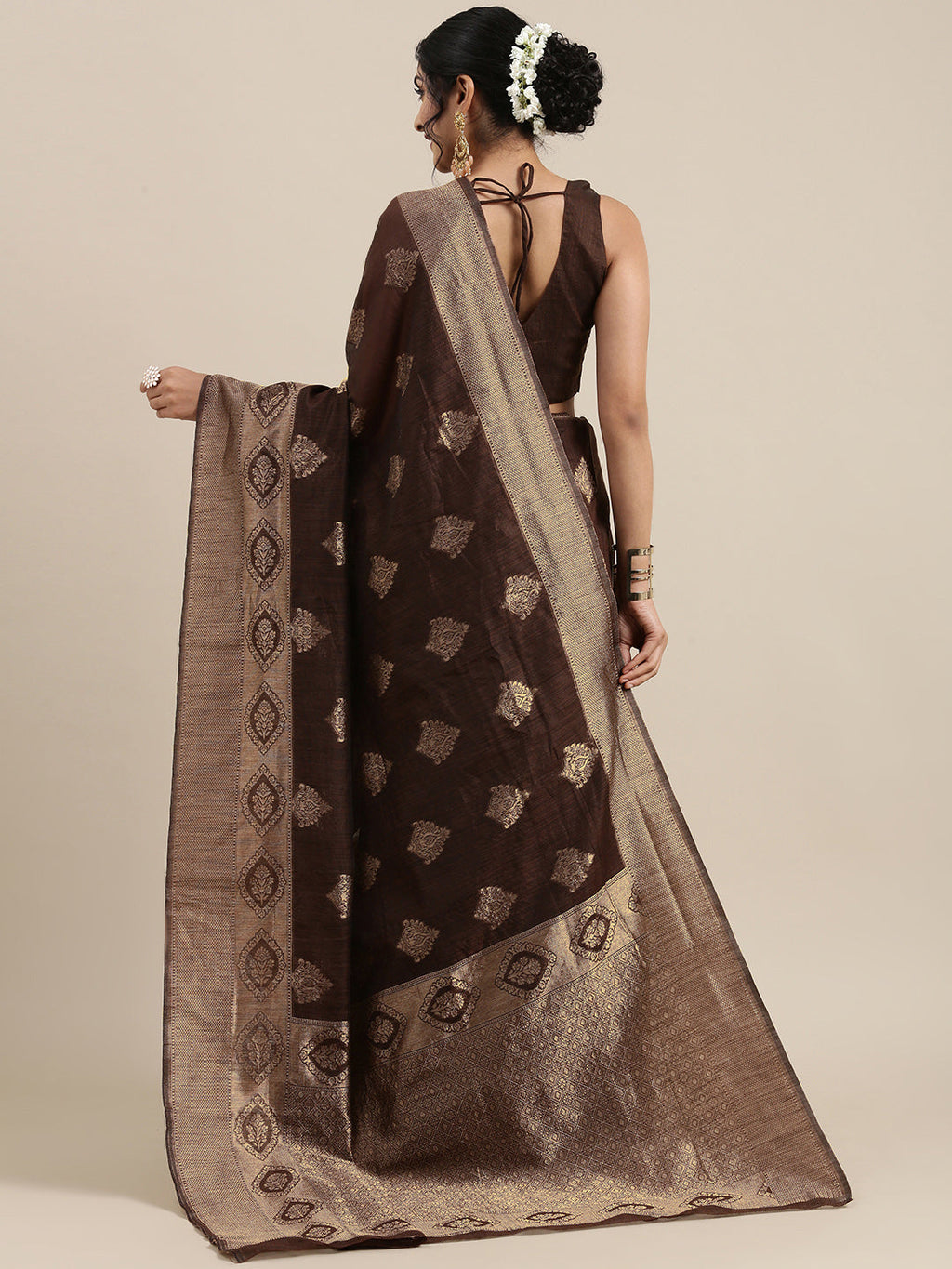 Saree Mall Brown Ethnic Motifs Linen Blend Banarasi Saree | Grocsy