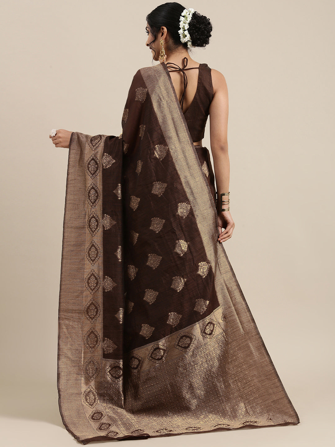 Saree Mall Brown Ethnic Motifs Linen Blend Banarasi Saree | Grocsy