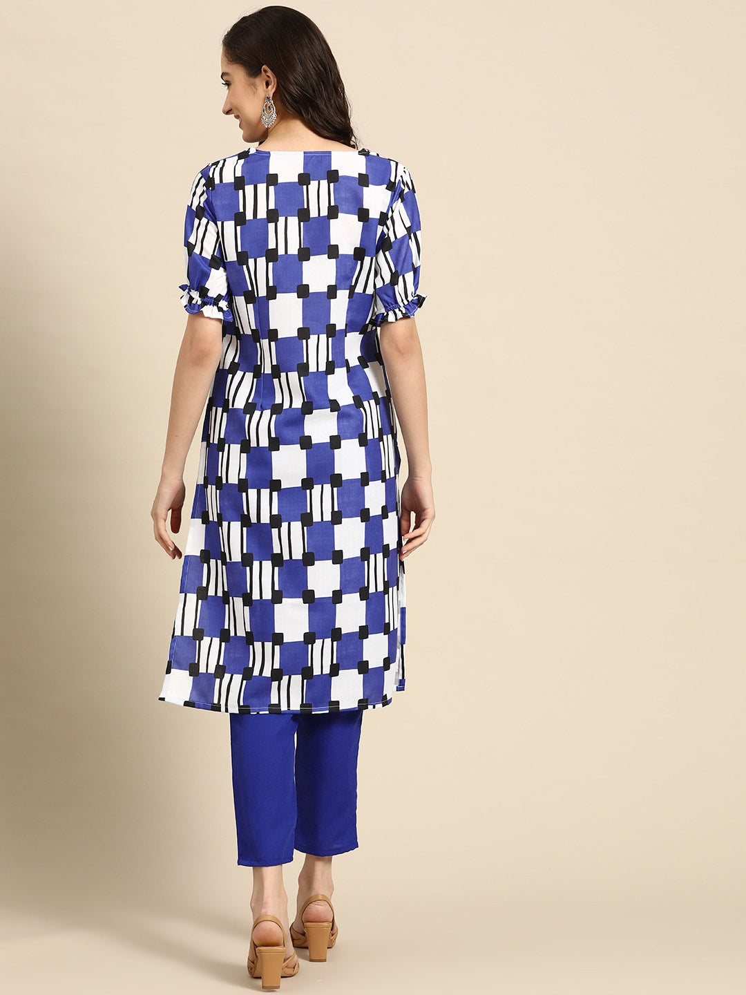 Sangria Women Navy Blue & White Printed A-Line Kurta with Trousers | Grocsy