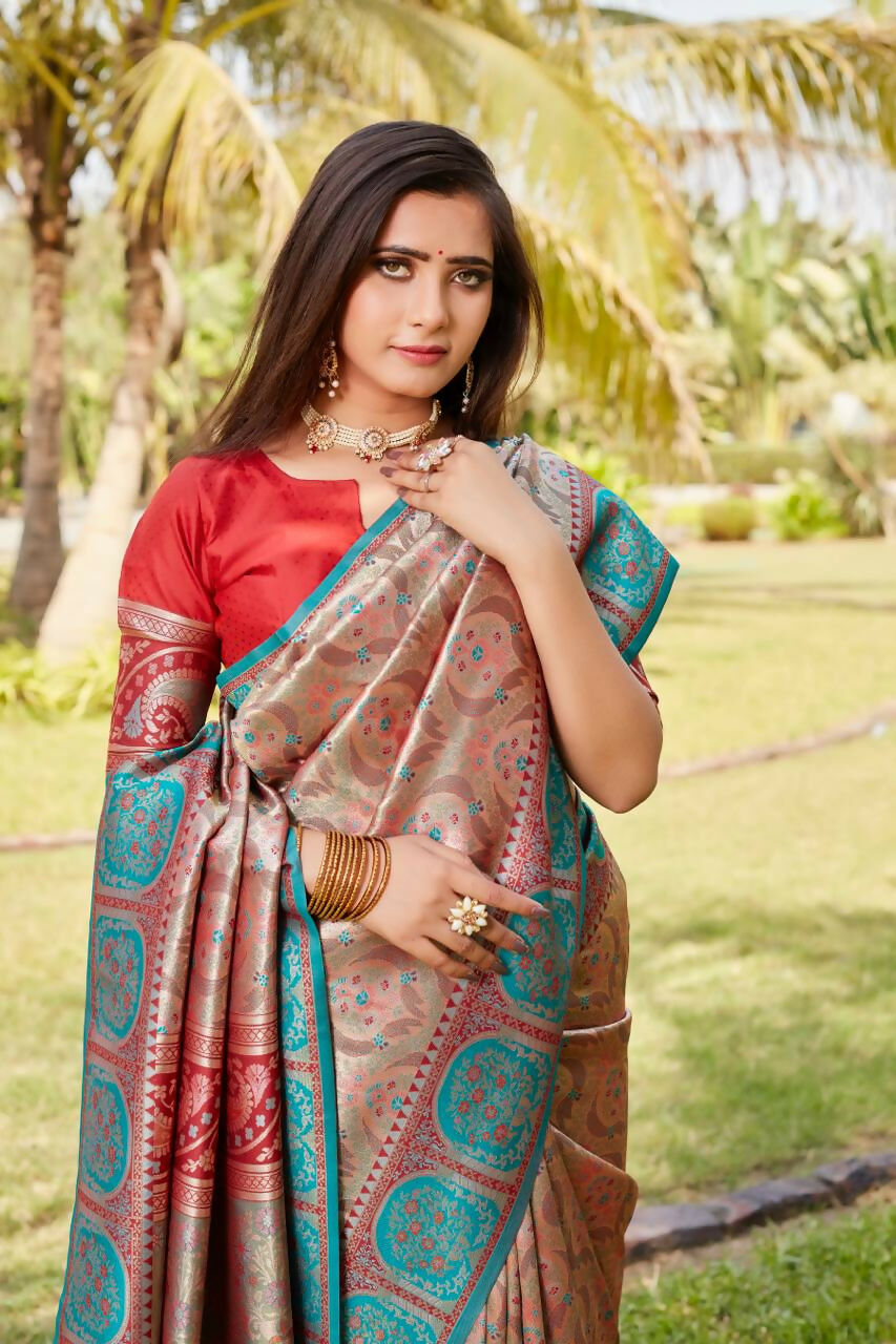 Vastranavya Boutique Collection Kanjivaram Soft Silk Saree With Unstitched Blouse - Peach | Grocsy