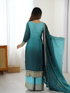 The52 Women's Gorgeous Chinon silk Fabric Embroidery Work Straight Kurta Palazzo and Dupatta Set | Grocsy