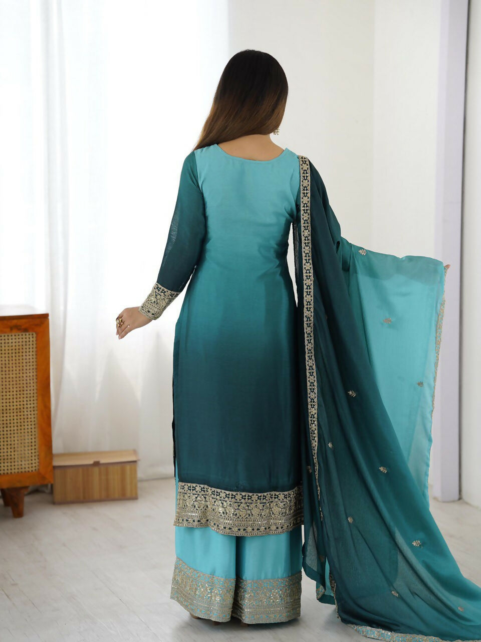 The52 Women's Gorgeous Chinon silk Fabric Embroidery Work Straight Kurta Palazzo and Dupatta Set | Grocsy