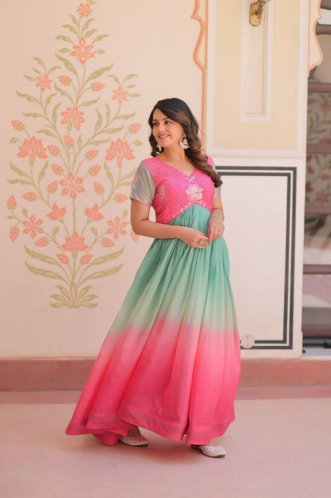 Vastranavya Pink Gold Crush Padding With Beads Embroidered Work Gown | Grocsy