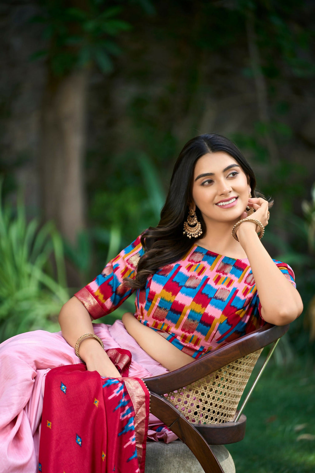 Vastranavya Printed and Foil Work Tussar Silk Lehenga with Unstitched Blouse - Peach | Grocsy