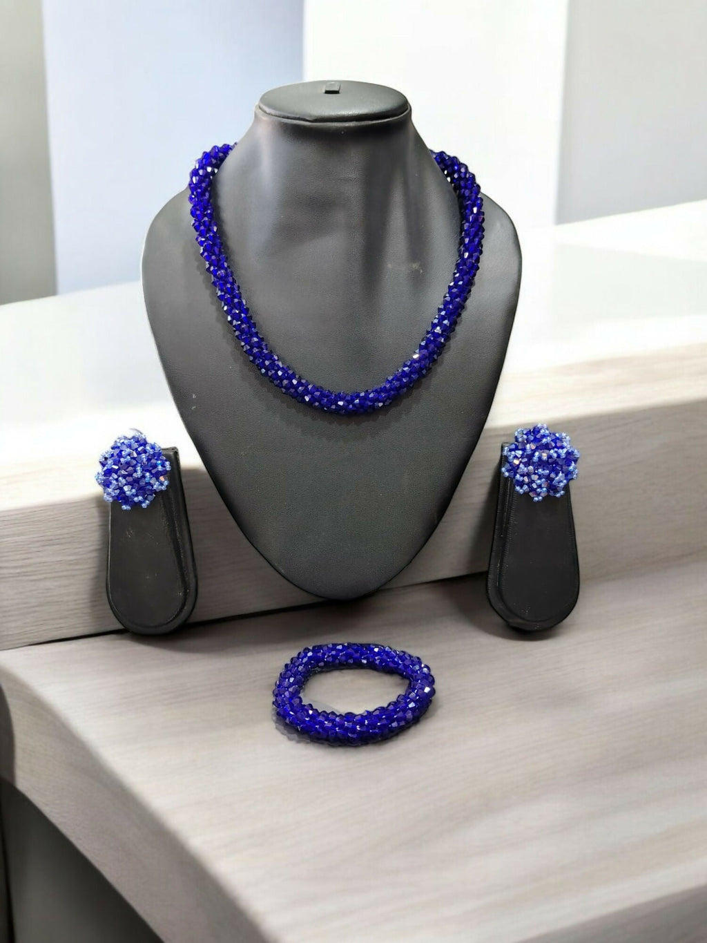Inhanns Complete Look Crystal Statement 3-Piece Set (Adjustable Necklace + Earrings + Adjustable Bangle ) - Blue | Grocsy