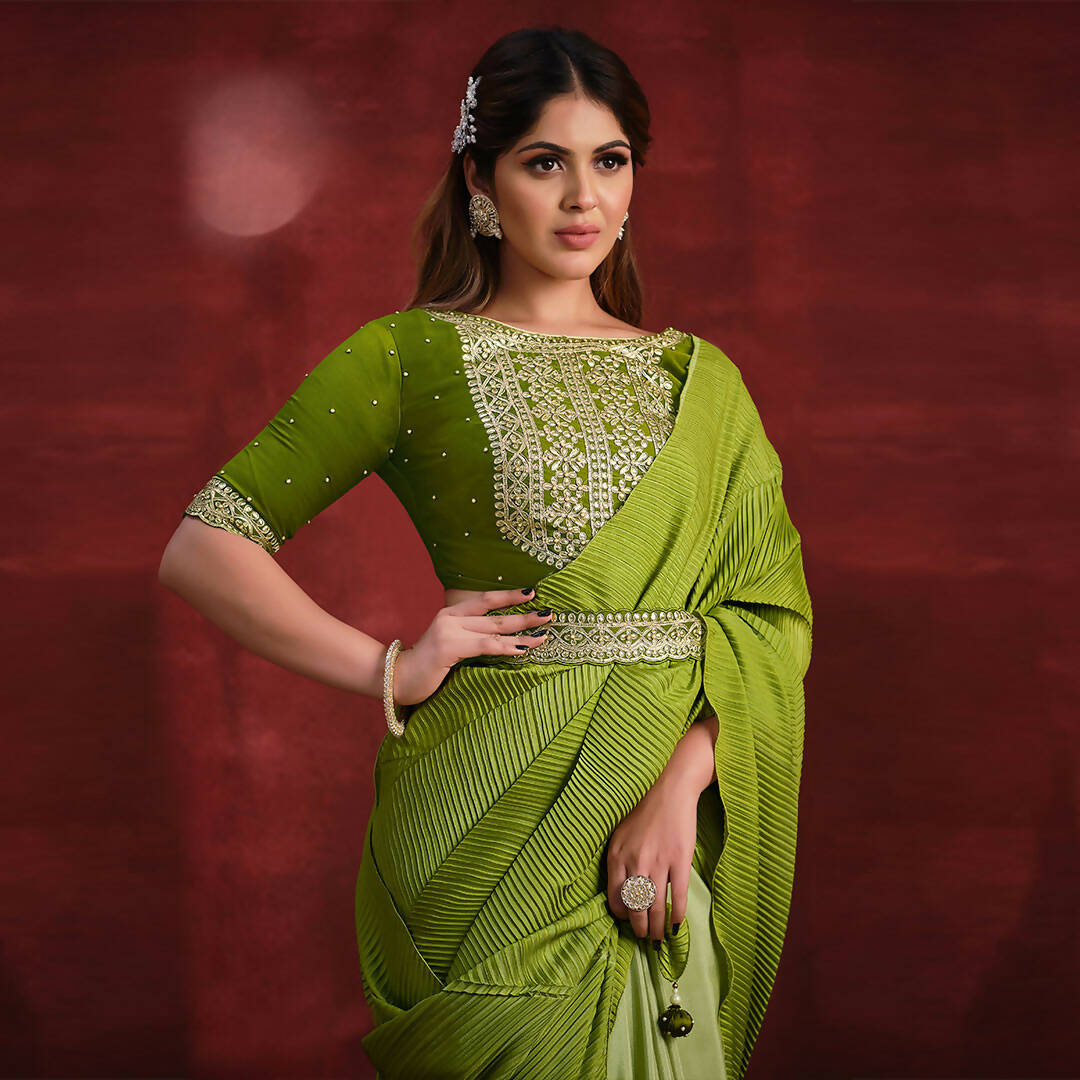 Green Crepe Silk Georgette Zari & Stone Work/ Texture Pallu Saree - Mohmanthan Kimiya | Grocsy