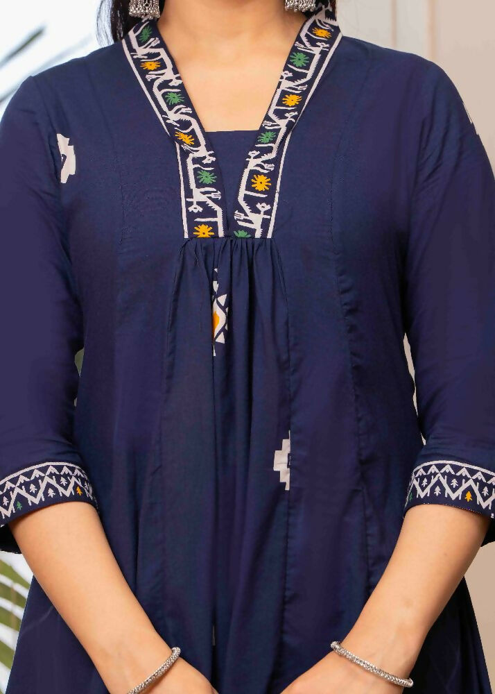 Jaimini Women Cotton Printed V-Neck 3/4 Sleeves Calf Length Flared Kurta Pant And Dupatta Set | Grocsy