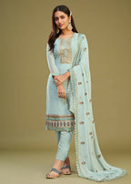 Ice Blue Swarovski Work & Embroidered Eid Wear Salwar Suit - Emponline | Grocsy
