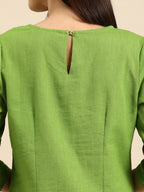 All About You Women Green & Pink Ethnic Motifs Yoke Design Thread Work Pure Cotton Kurta | Grocsy