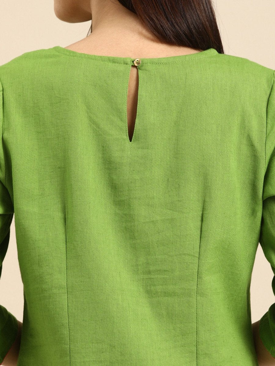 All About You Women Green & Pink Ethnic Motifs Yoke Design Thread Work Pure Cotton Kurta | Grocsy