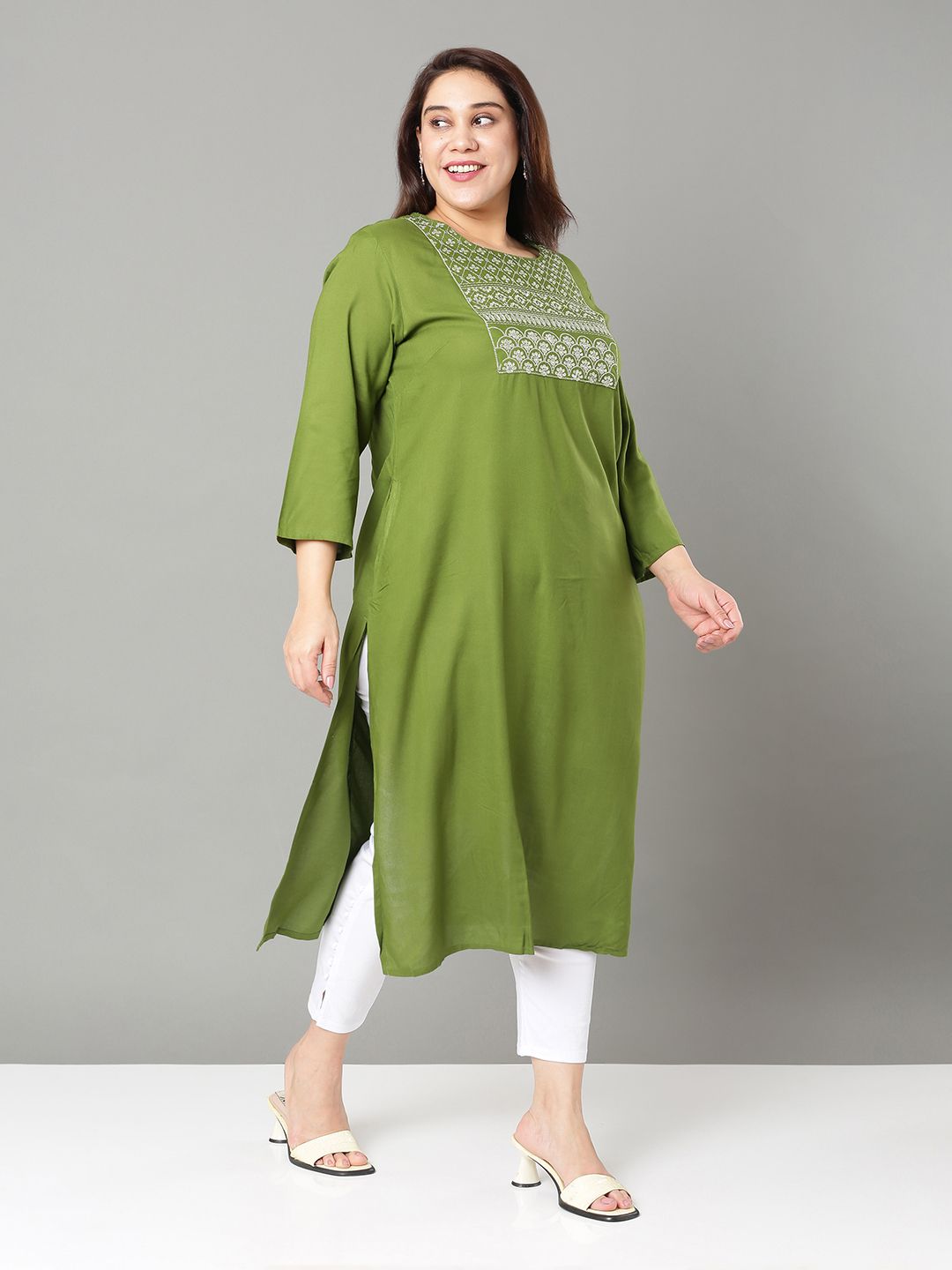 Sztori Plus Size Floral Yoke Design Thread Work Straight Kurta | Grocsy