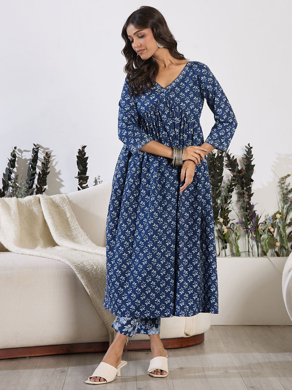 Indo Era V-Neck Floral Printed Empire Pure Cotton Kurta with Trouser | Grocsy