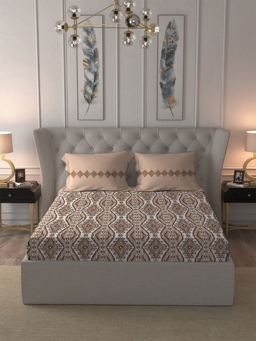 MYTRIDENT Brown Ethnic Motifs Cotton 120 TC Queen Bedsheet With 2 Pillow Covers | Grocsy
