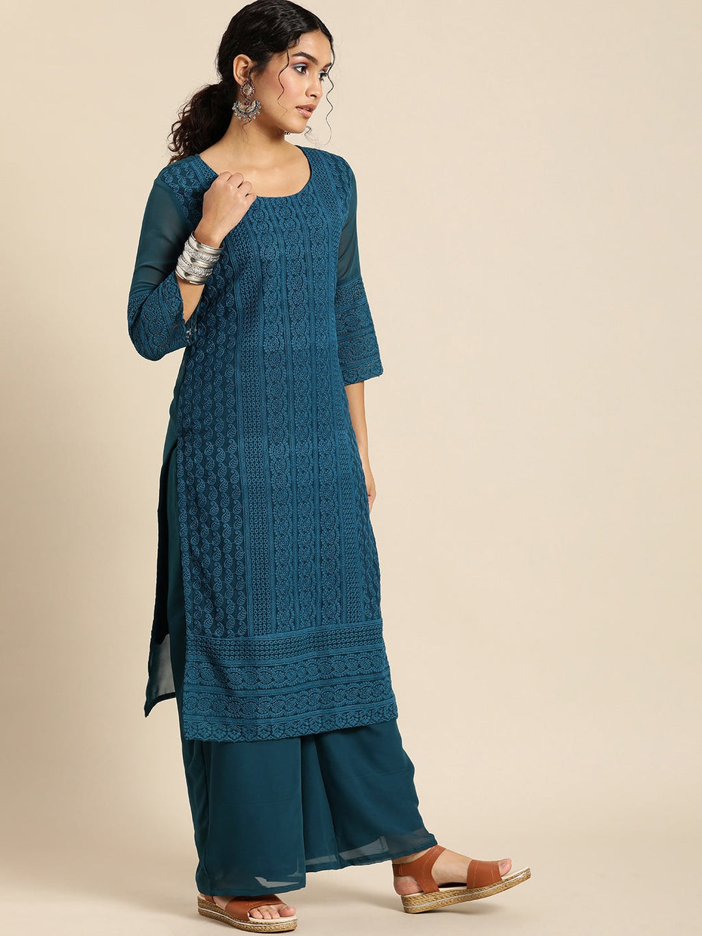 Sangria Women Teal Blue Ethnic Motifs Chikankari Kurta with Palazzos | Grocsy