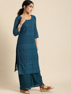 Sangria Women Teal Blue Ethnic Motifs Chikankari Kurta with Palazzos | Grocsy