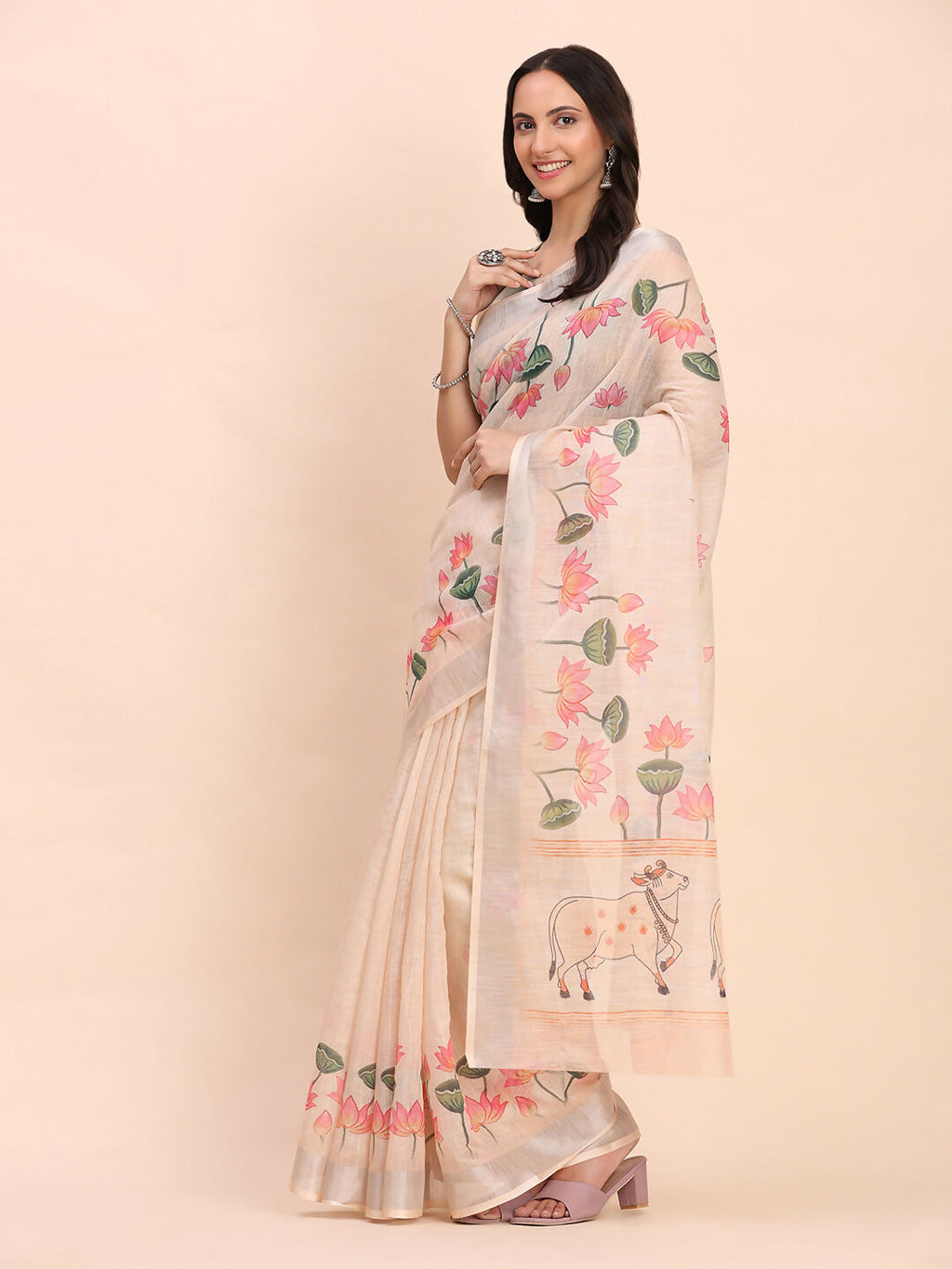 Shree Shyam Fashion Linen Cotton Peach Saree | Grocsy