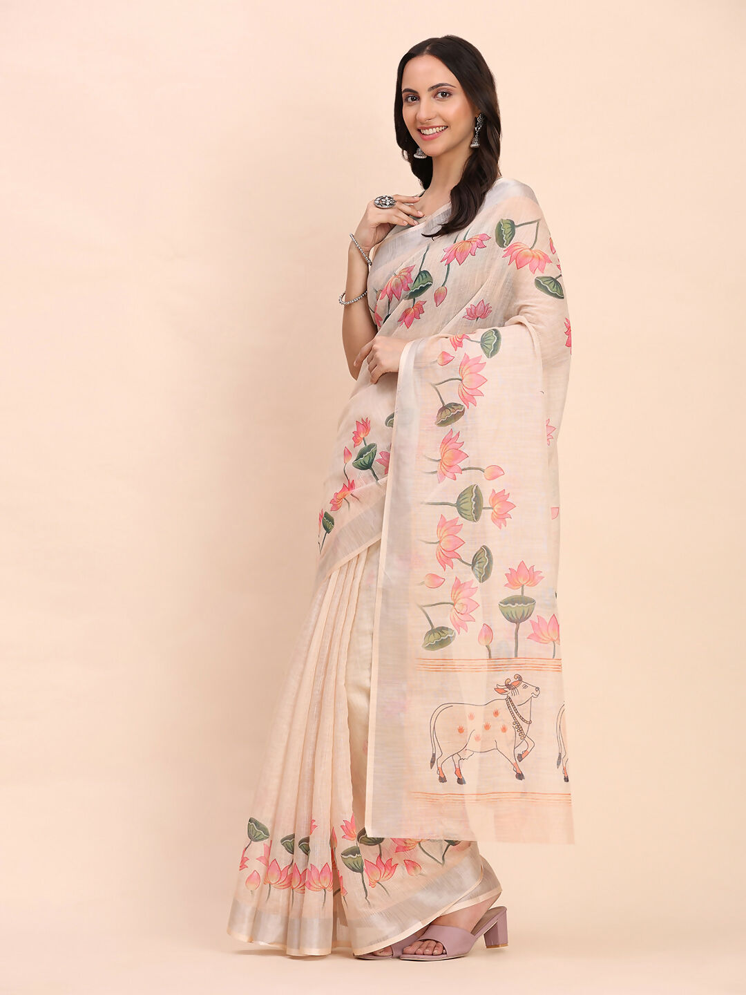 Shree Shyam Fashion Linen Cotton Peach Saree | Grocsy