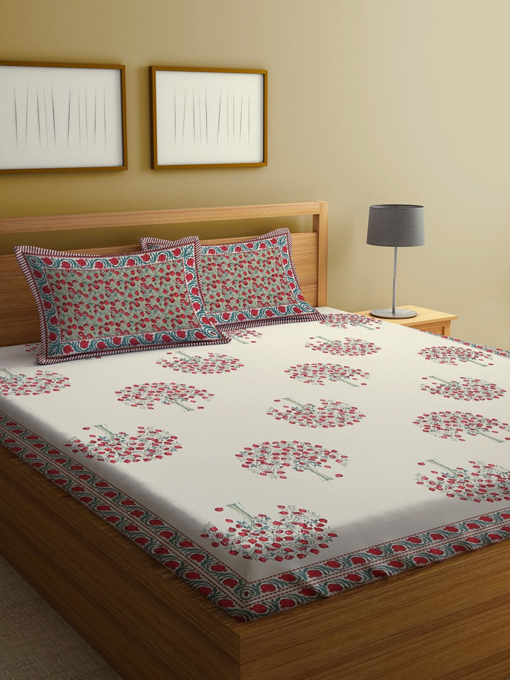 Rajasthan Decor Cream-Coloured Ethnic Motifs 144 TC Cotton King Bedsheet & 2 Pillow Covers | Grocsy