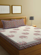 Rajasthan Decor Cream-Coloured Ethnic Motifs 144 TC Cotton King Bedsheet & 2 Pillow Covers | Grocsy