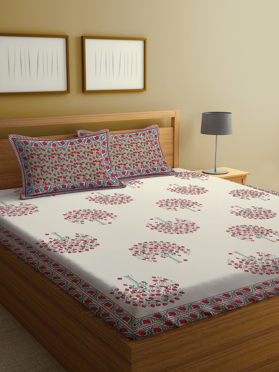 Rajasthan Decor Cream-Coloured Ethnic Motifs 144 TC Cotton King Bedsheet & 2 Pillow Covers | Grocsy