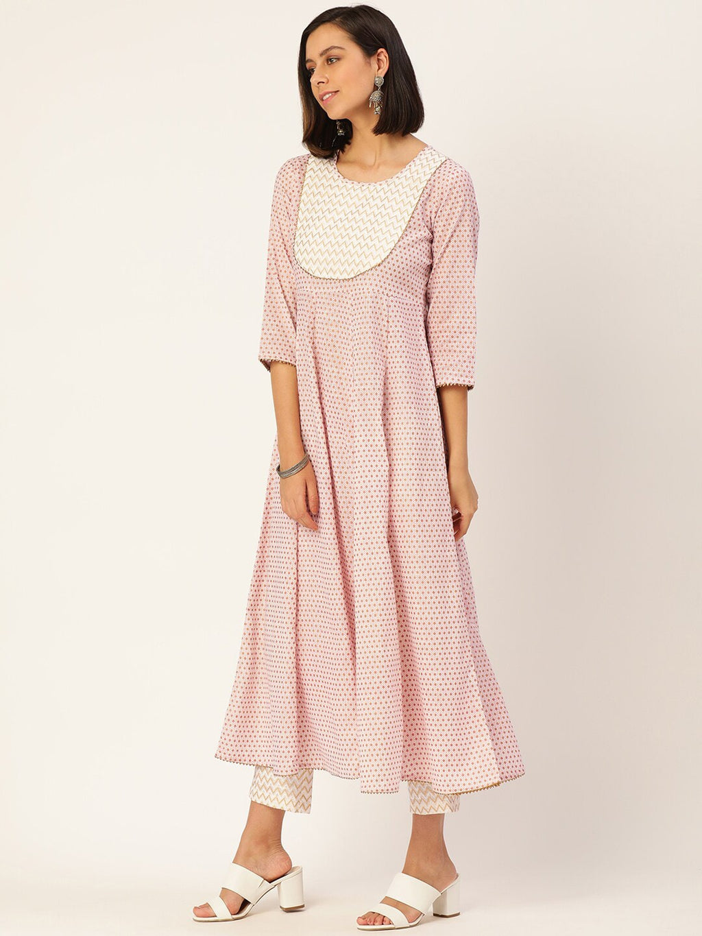 HERE&NOW Women Cream-Coloured Pleated Kurti with Trousers & With Dupatta | Grocsy