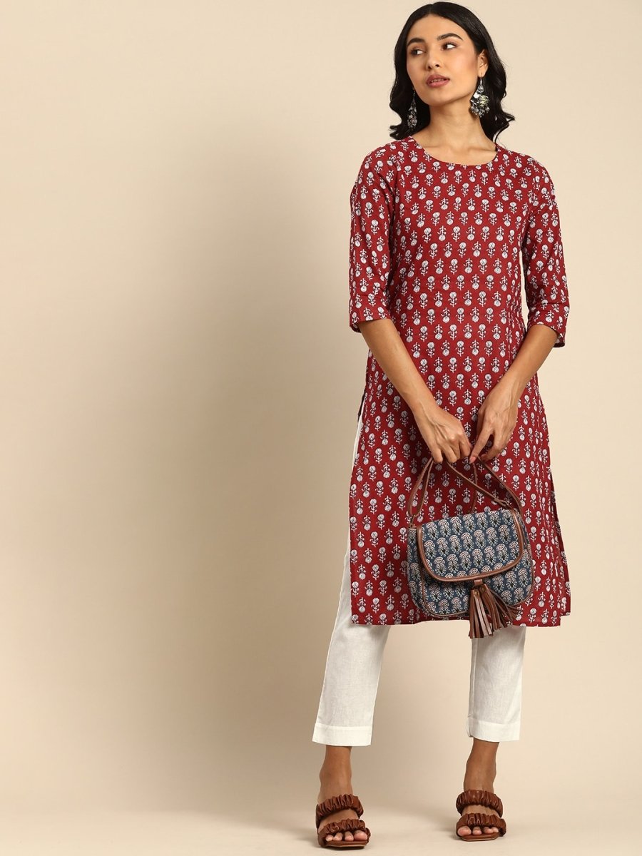 All About You Women Maroon Printed Pure Cotton Kurta with Trousers | Grocsy