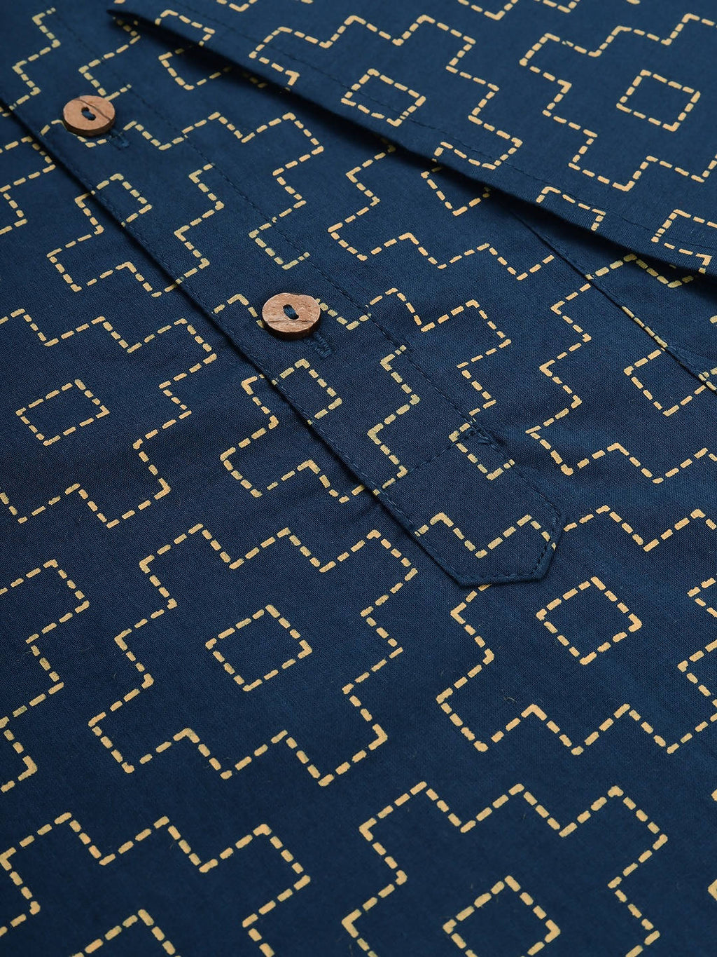 Janasya Men Navy Blue & Yellow Geometric Printed Kurta | Grocsy