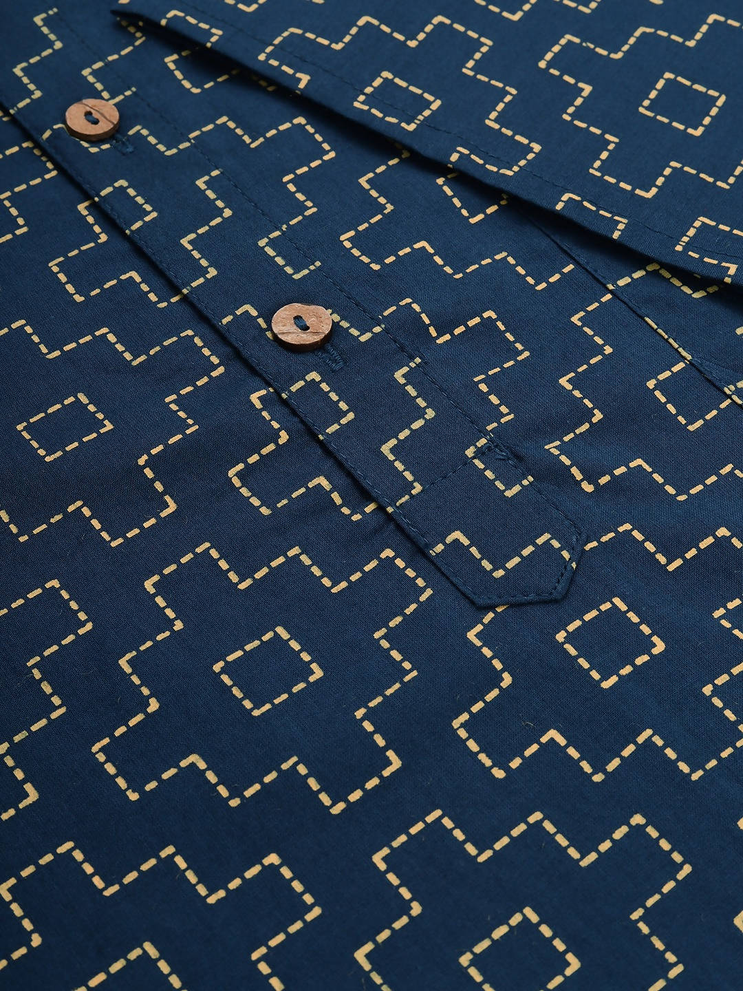 Janasya Men Navy Blue & Yellow Geometric Printed Kurta | Grocsy