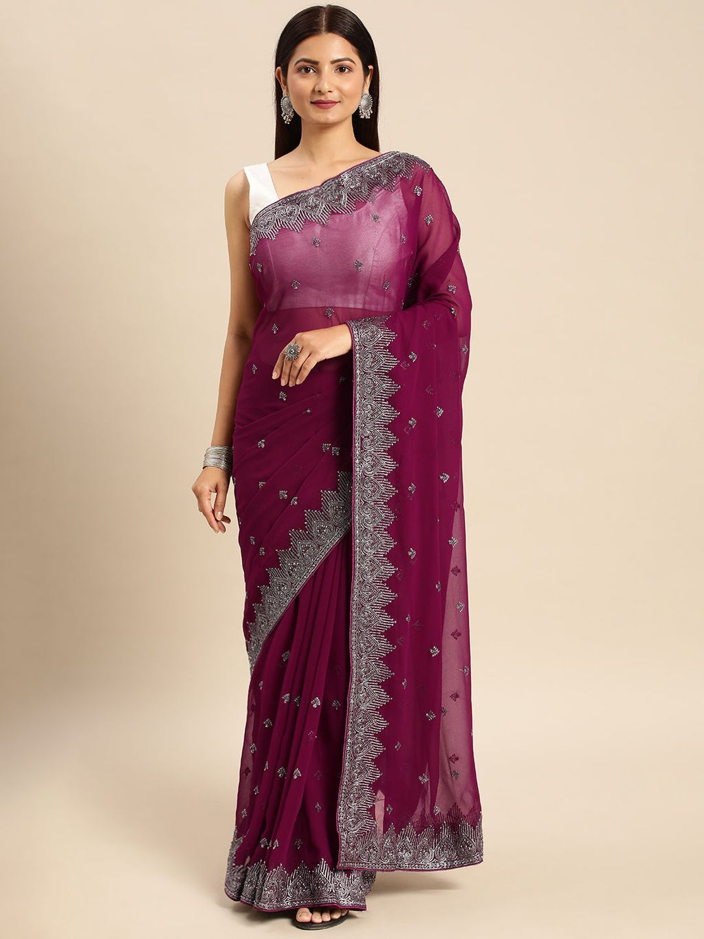 kasee Embroidered Ethnic Motifs Zari Pure Georgette Saree | Grocsy