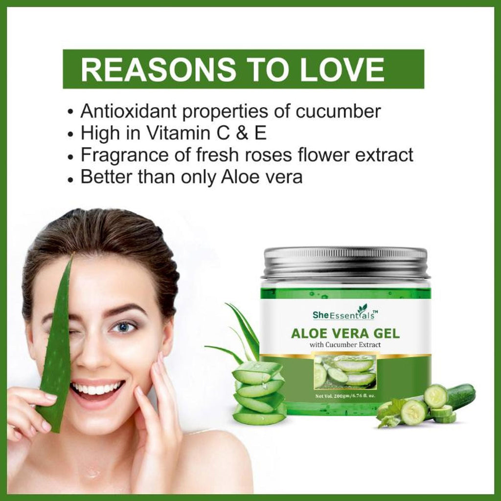 She Essentials Aloe Vera Gel With Pure Aloe Vera & Cucumber Extract For Skin & Hair | Grocsy