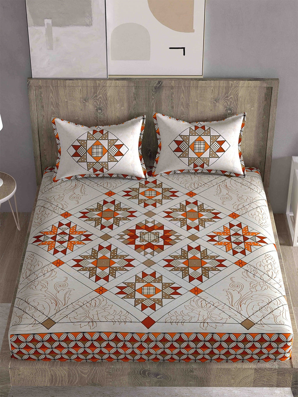 Spangle Red & Orange Ethnic Motifs 260 TC King Bedsheet with 2 Pillow Covers | Grocsy