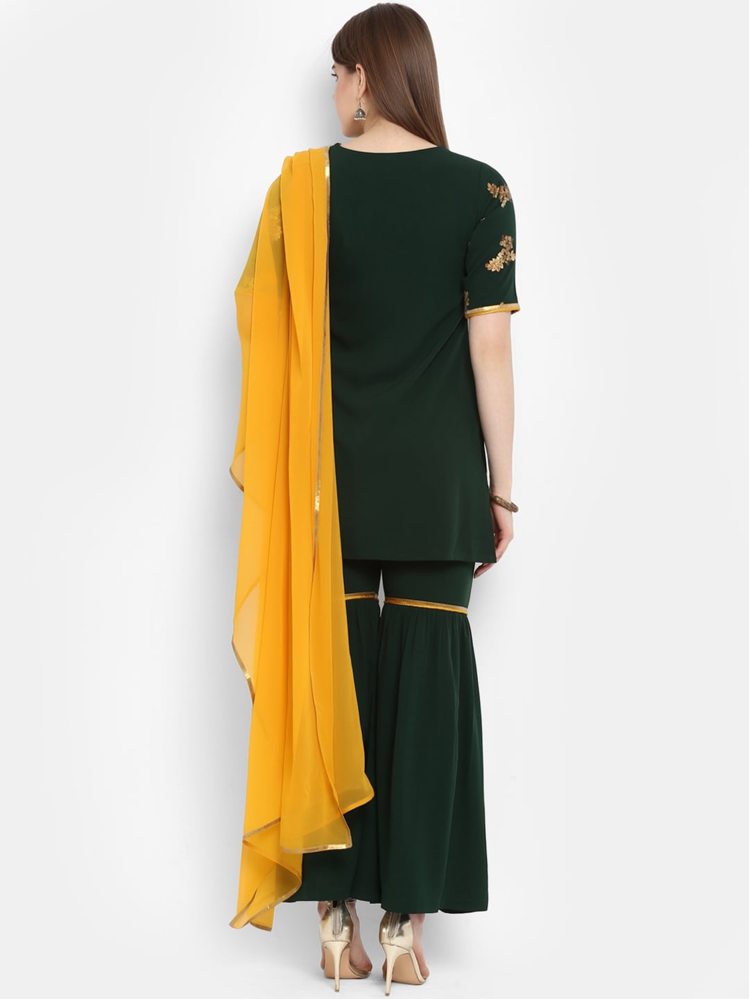 Janasya Women Green & Orange Printed Kurta with Sharara & Dupatta | Grocsy