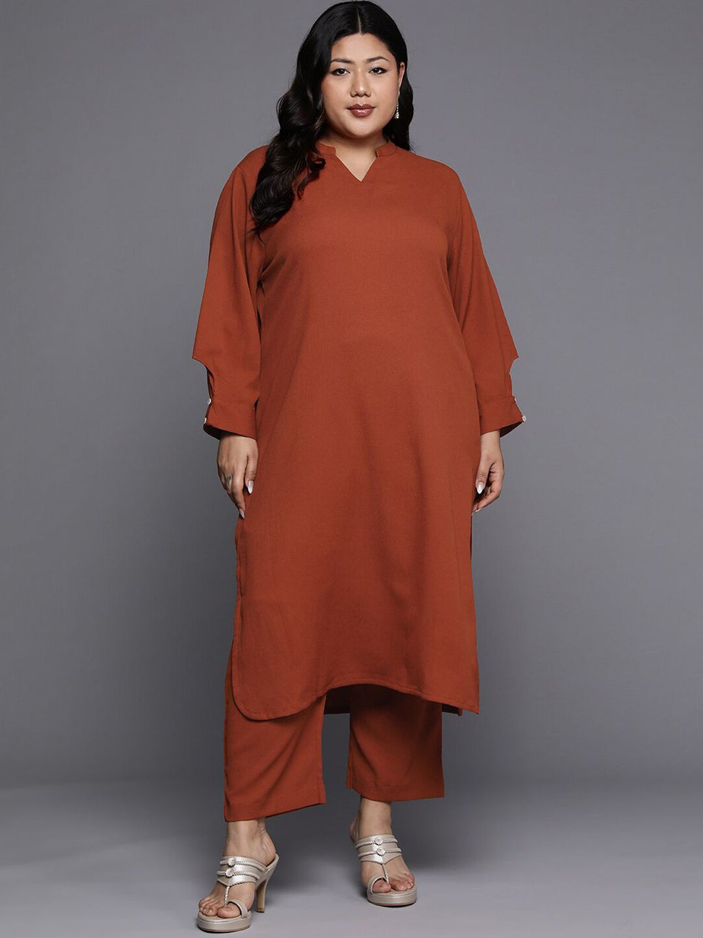 Sztori Plus Size Mandarin Collar Straight Kurta With Trouser | Grocsy