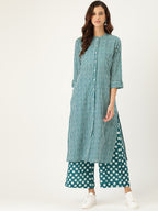 Sangria Women Teal Blue Striped Pure Cotton Kurta with Palazzos | Grocsy