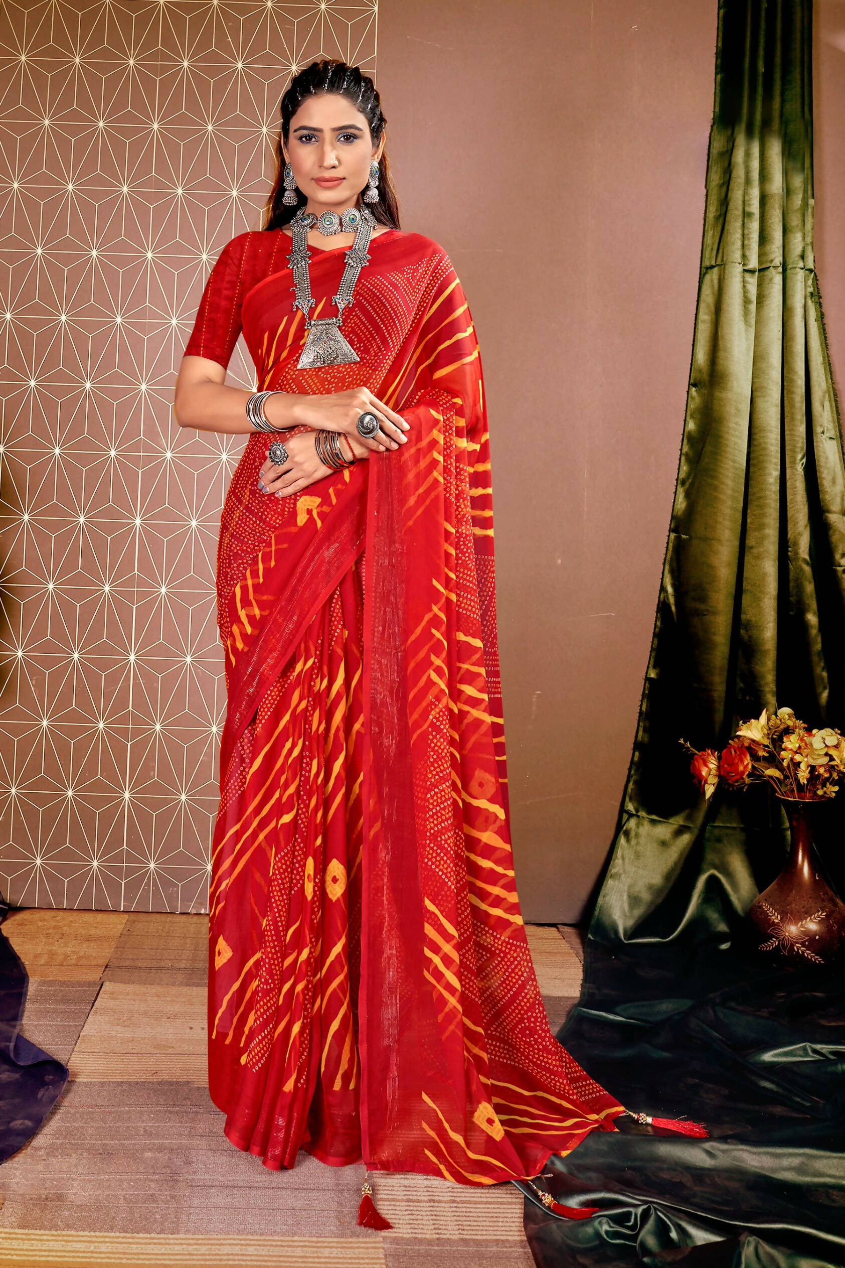 Red Chiffon Leheriya Printed Saree With Unstitched Blouse Piece - Shanaya | Grocsy