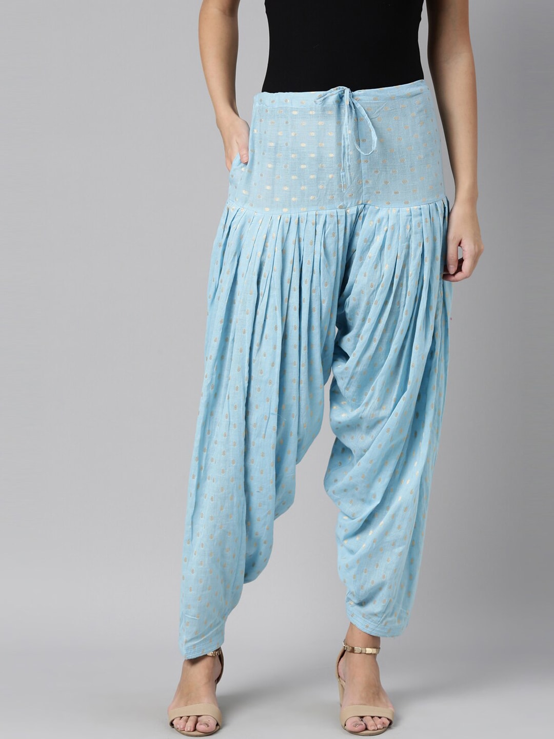Souchii Blue & Gold-Coloured Woven Design Pure Cotton Patiala | Grocsy