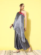 InWeave Women's Grey Pink Brocade Satin Oneshoulder Kurta Set | Grocsy