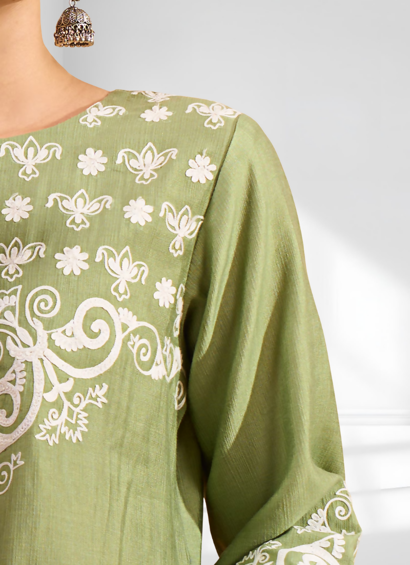 Joban Fashion Green Silk Embroidered Readymade Tunic | Grocsy