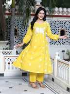 Miravan Women's Cotton Embroidered & Lace Embellished Yellow Bandhani Printed Kurta Palazzo Set | Grocsy