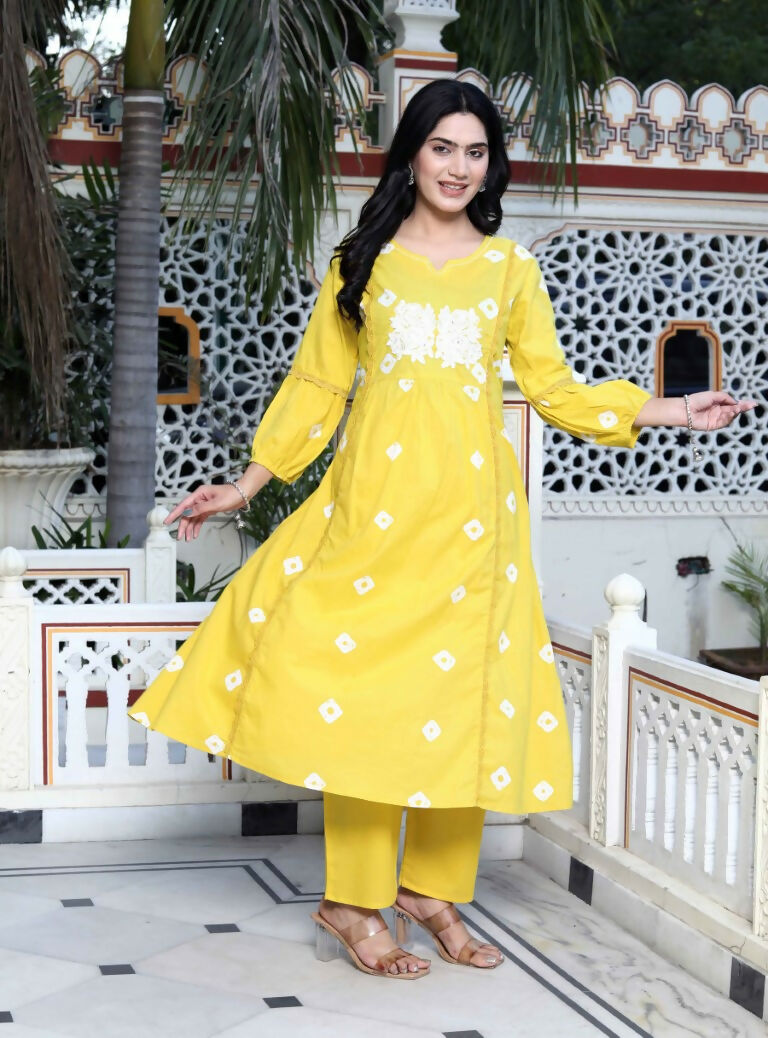 Miravan Women's Cotton Embroidered & Lace Embellished Yellow Bandhani Printed Kurta Palazzo Set | Grocsy