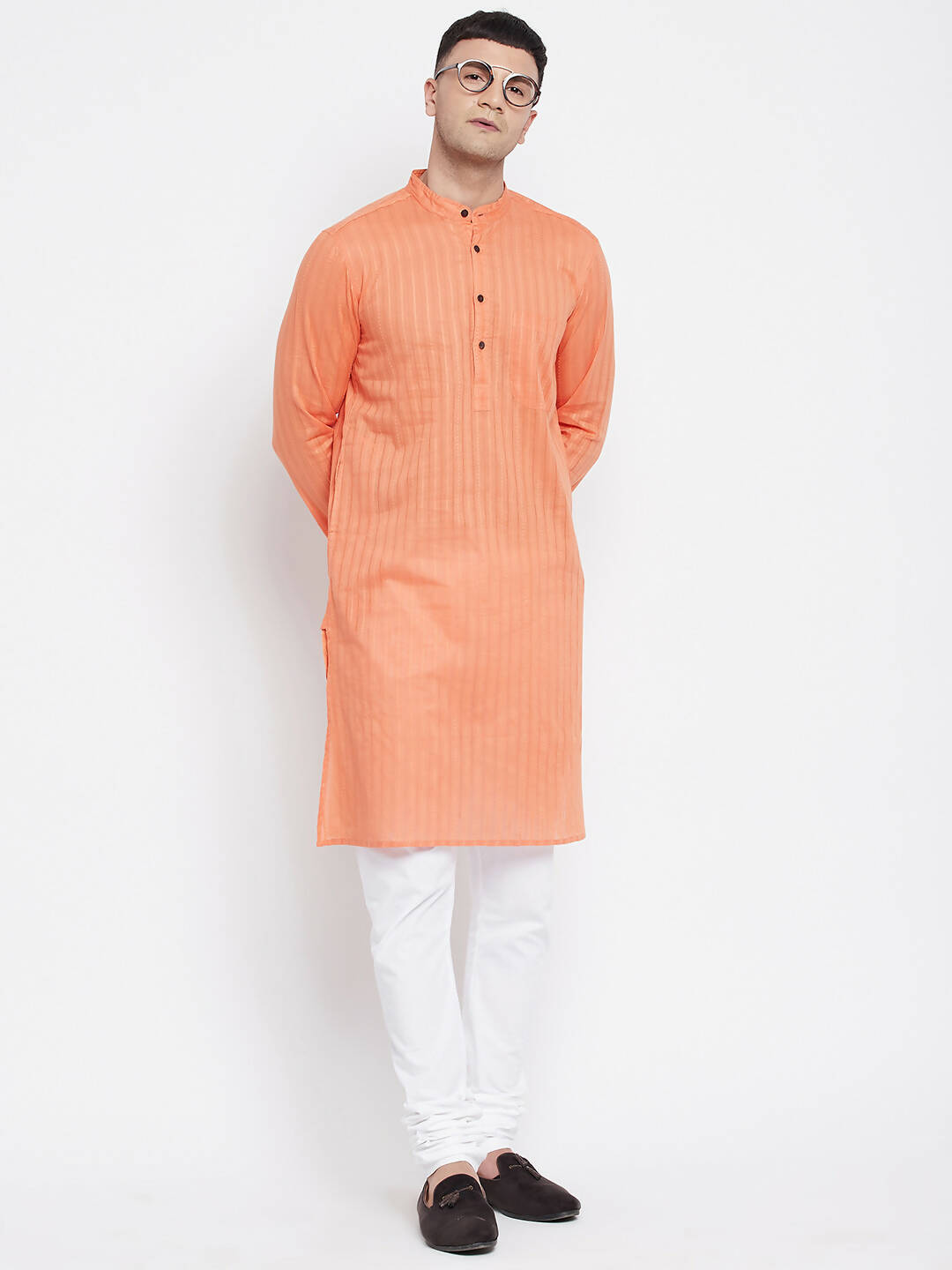 Even Apparels Orange Color Pure Cotton Men's Kurta With Band Collar | Grocsy