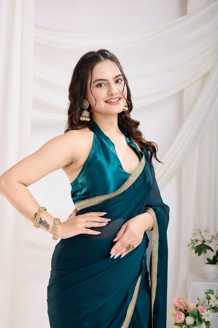 Teal Blue Rangoli Silk Solid, Lace Border Ready To Wear Saree - Kashvi | Grocsy