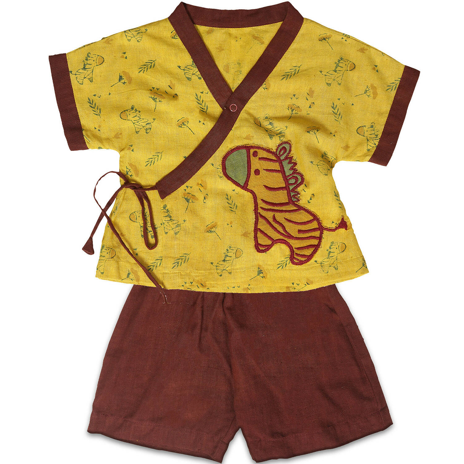 Mhyssa V Neck Kimono Style Half Sleeve Printed Yellow T-shirt With Matching Maroon Shorts Set | Grocsy