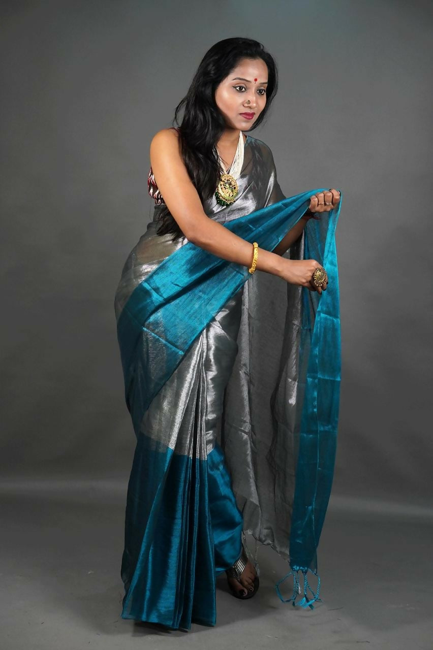 Exclusive Collection Beautiful Gray Green Tissue Silk Hand Weaving Handloom Saree With Running Blouse Piece | Grocsy