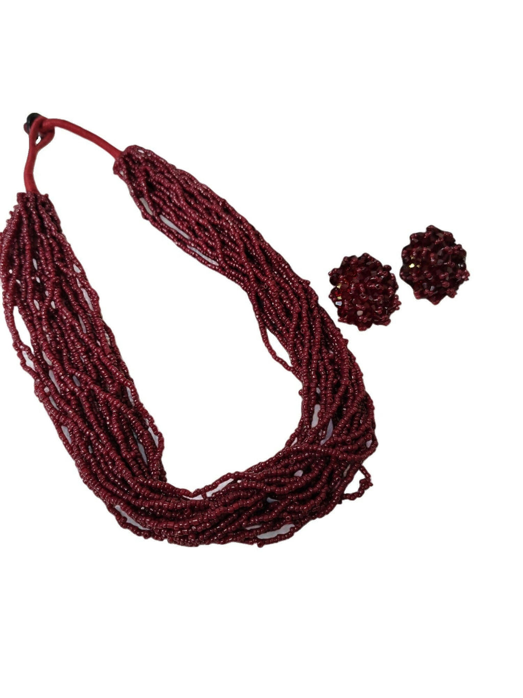 Inhanns Vibrant Handmade 20 Layers Beaded Necklace With Matching Earrings - Maroon | Grocsy
